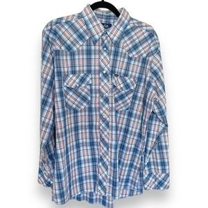 Vintage 90s Wrangler Blue White Red Plaid Western Pearl Snap Shirt Size Large